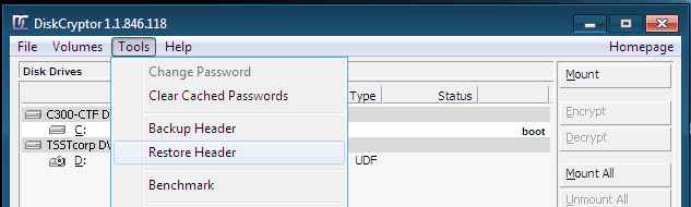 Open header backup file