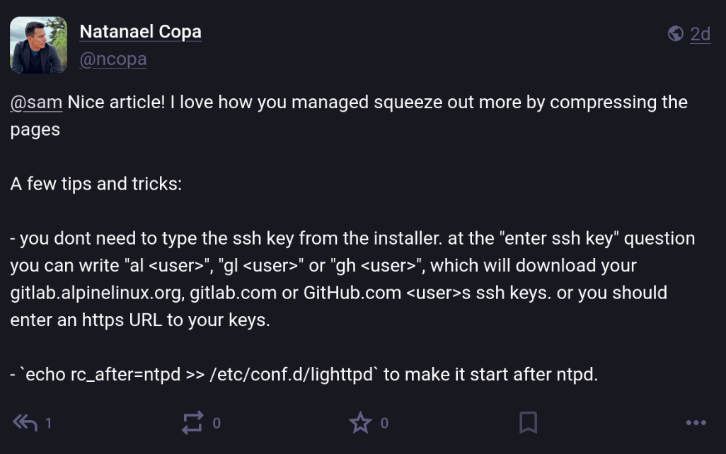Reply from Natanael Copa sharing how to grab an SSH key from GitHub during the installation process and how to get lighttpd to start after ntpd.
