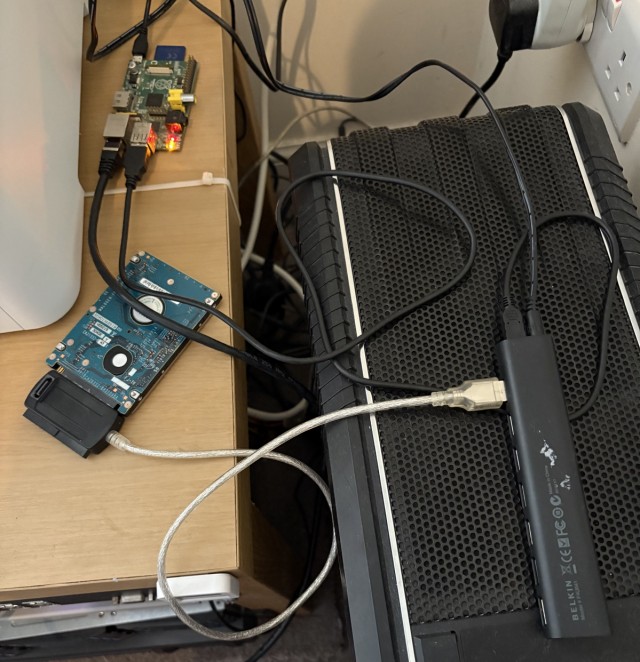 Raspberry Pi with a hard disk connected via USB and a powered USB hub